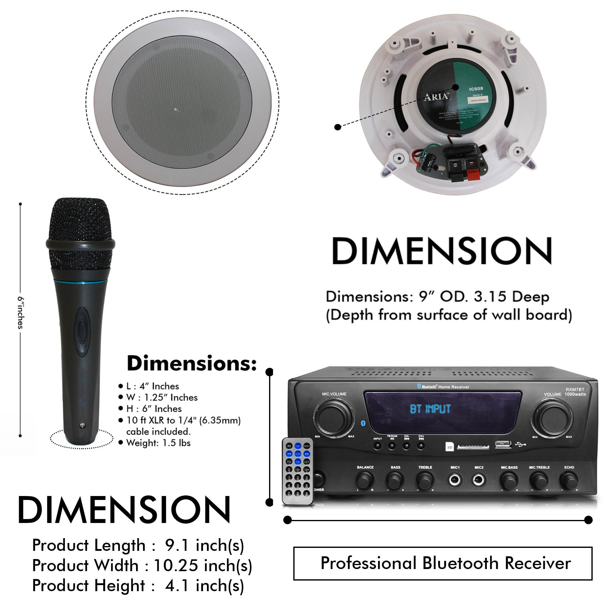 Technical Pro, 1000 Watts 2 Room Bluetooth Home Amplifier and Receiver with USB and SD Reader, (Qty 6) 5.25 flush mount In-Wall / In-Ceiling Stereo Speakers, Handheld Microphone with 10 Ft Cable