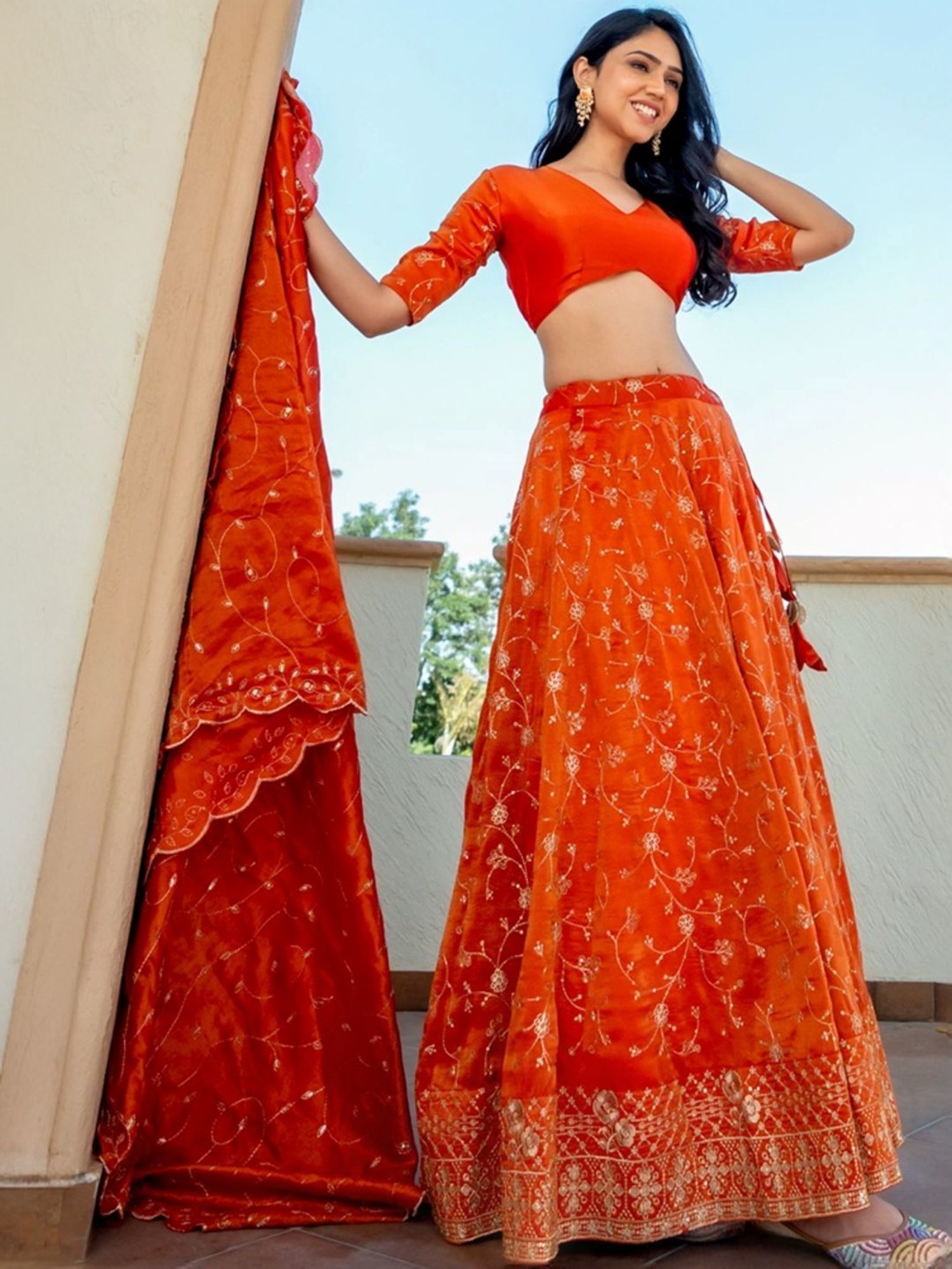 HOUSE OF JAMOTI Orange Embroidered Lehenga Choli Set With Dupatta