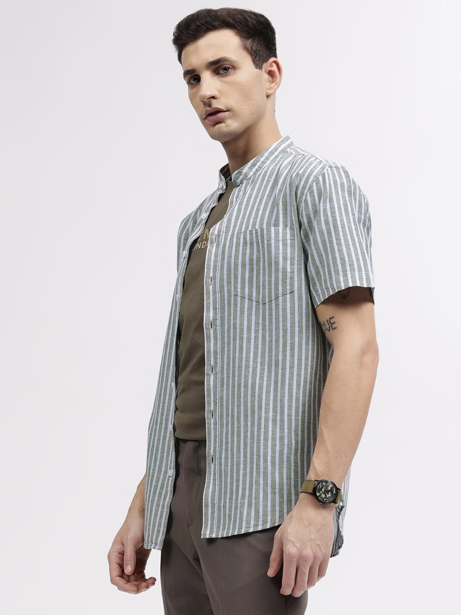 Lindbergh Green Regular Fit Striped Shirt