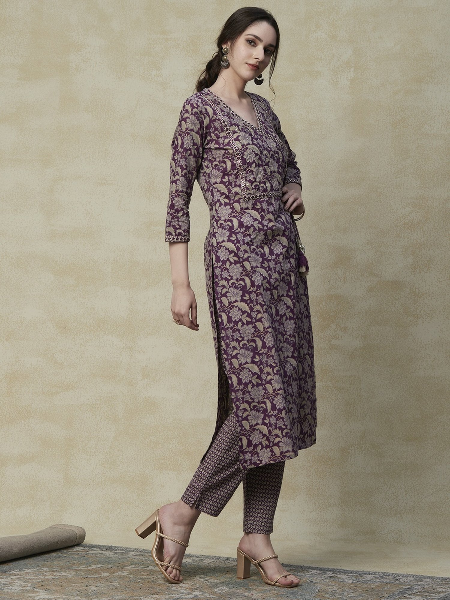 Fashor Purple Cotton Printed Kurta Pant Set