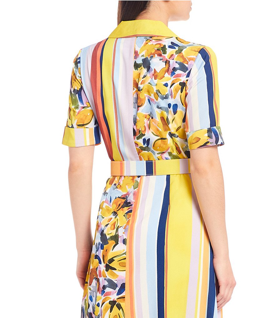 Badgley Mischka Stripe Floral Button Front Belted Midi Swing Dress