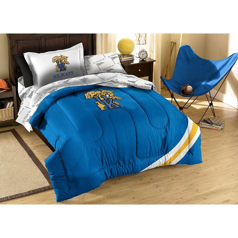 5pc NCAA Twin Bedding Set College Football Team Mascot Comforter Sheets and Contrasting Sham - Kentucky Wildcats..