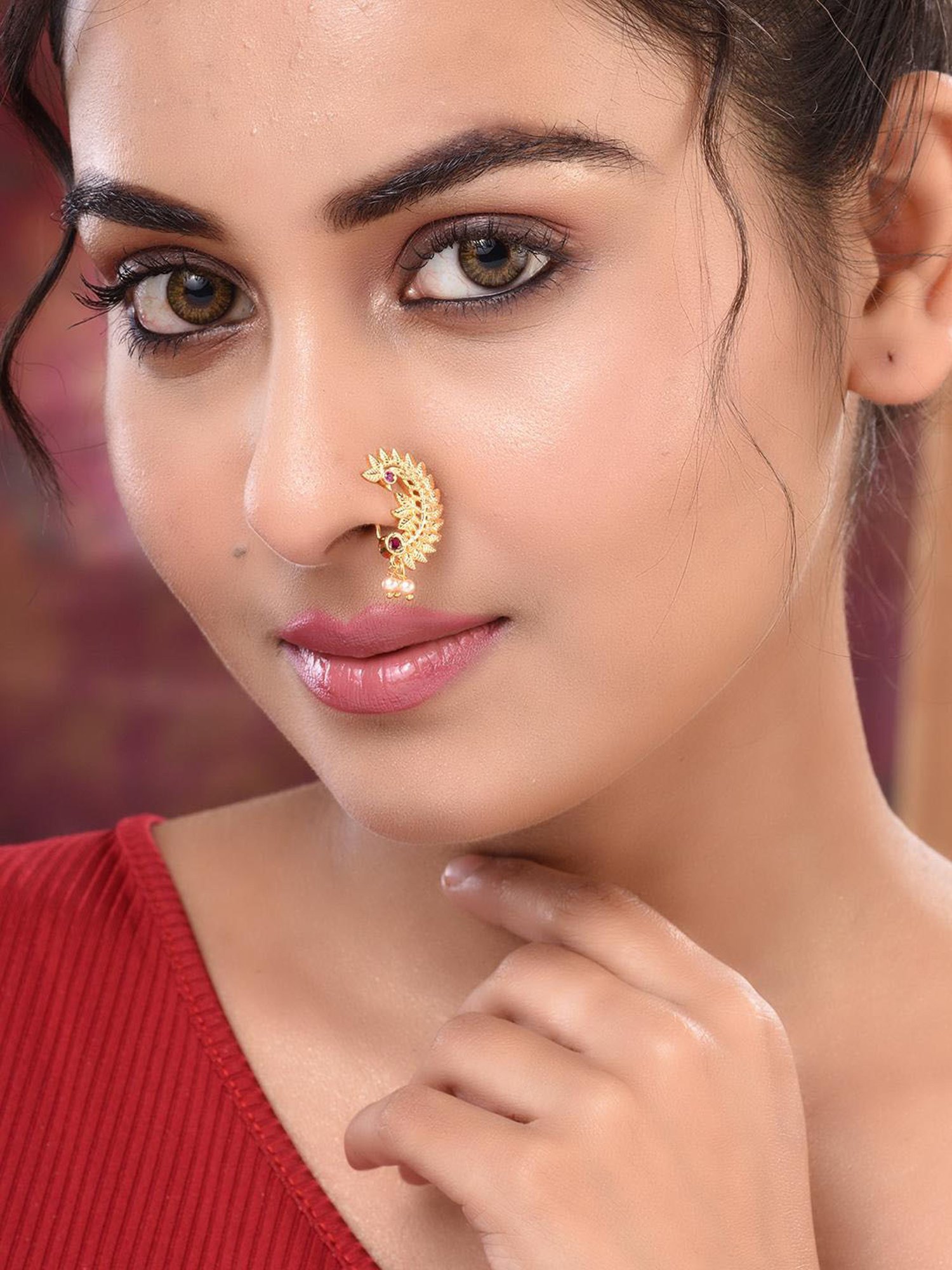 Saraf Rs Jewellery Gold Toned Red Stone Studded Marathi  Nath Nosepin