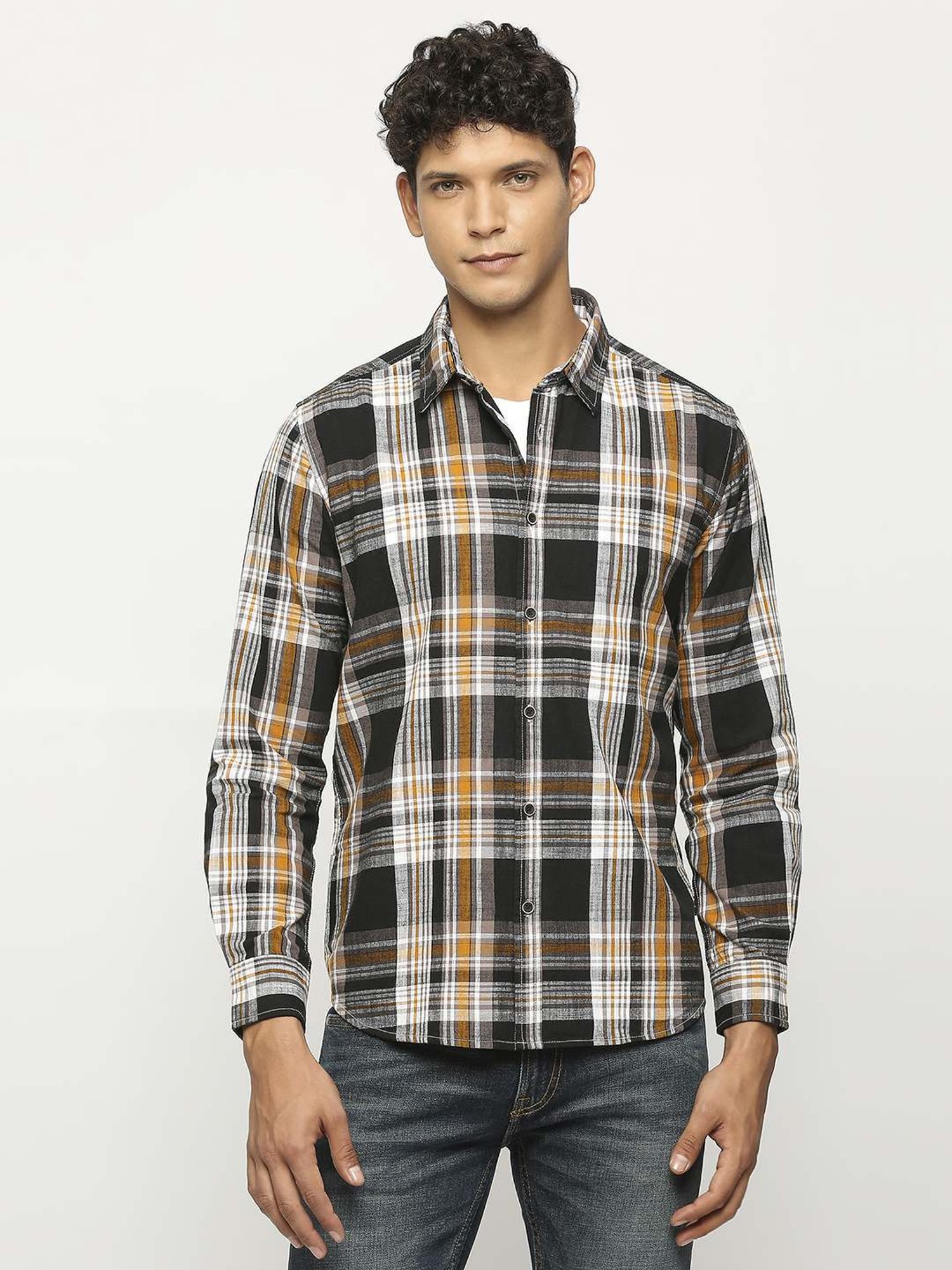Spykar Blue Cotton Slim Fit Checks Shirt