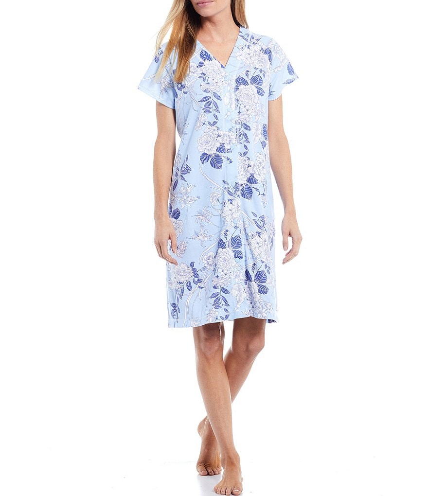Miss Elaine Robe Floral Print Interlock Knit Grip-Front Robe