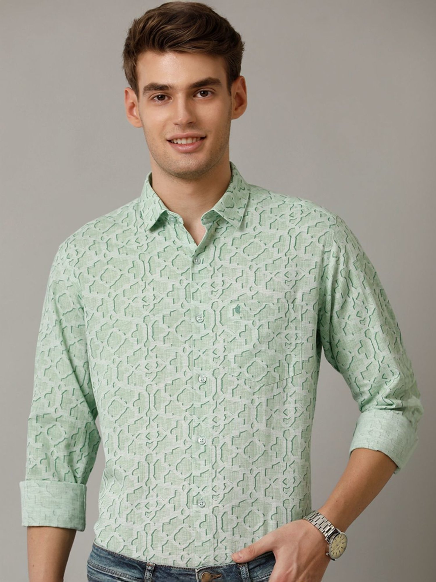 Cavallo By Linen Club Green Linen Contemporary Fit Printed Shirt
