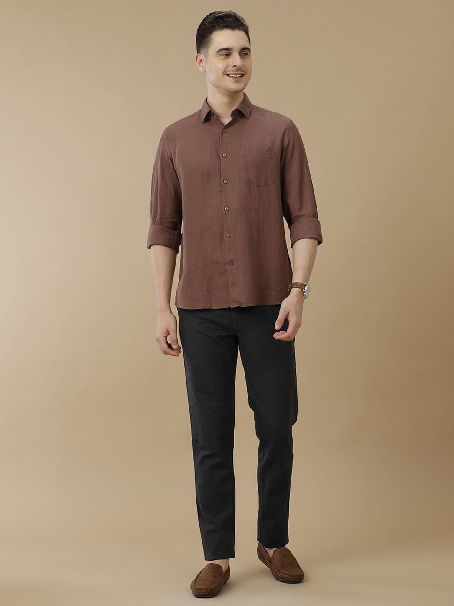 Linen Club Brown Linen Contemporary Fit Shirt