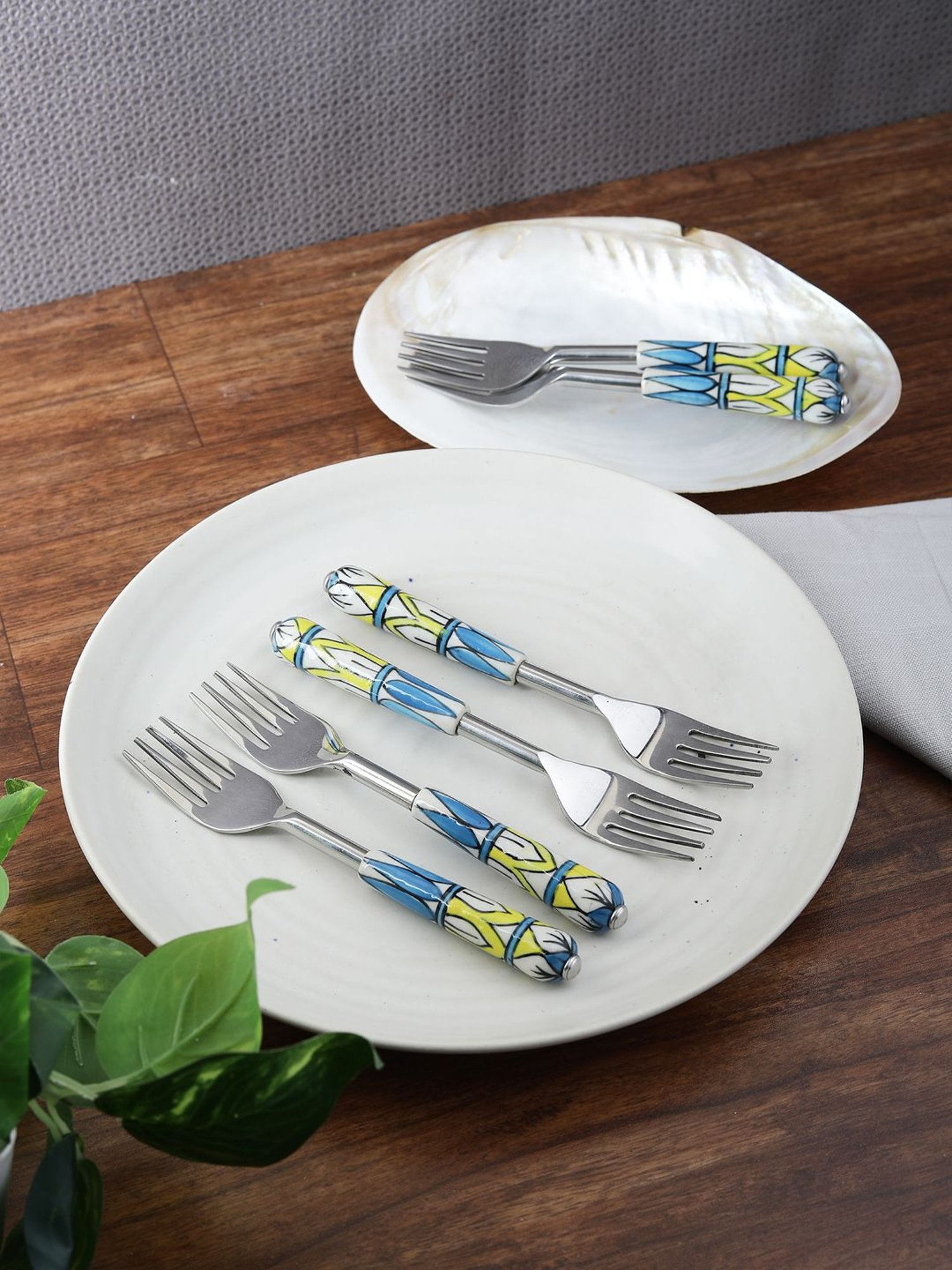 VarEesha Blue Steel and Ceramic Handle Forks - Set of 6