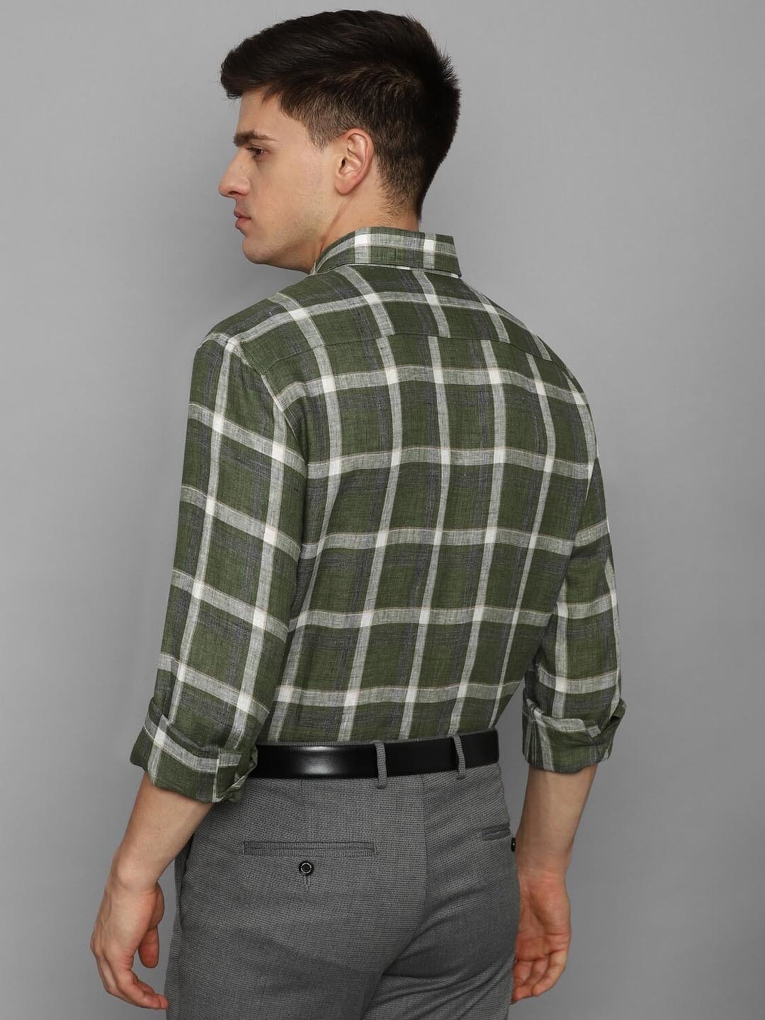 Luxure By Louis Philippe Olive Linen Regular Fit Checks Shirt