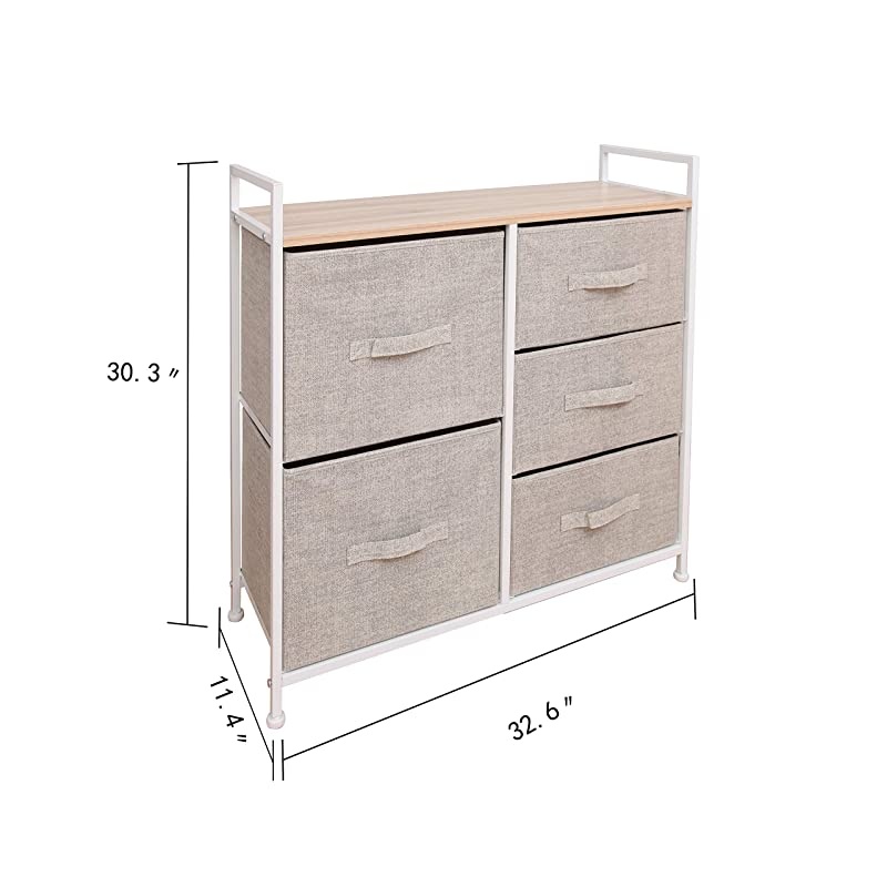 Storage Cube Dresser Organizer for Closet, Nursery, Bathroom, Laundry or Bedroom 5 Fabric Drawers, Solid Wood Top, Durable Steel Frame Natural