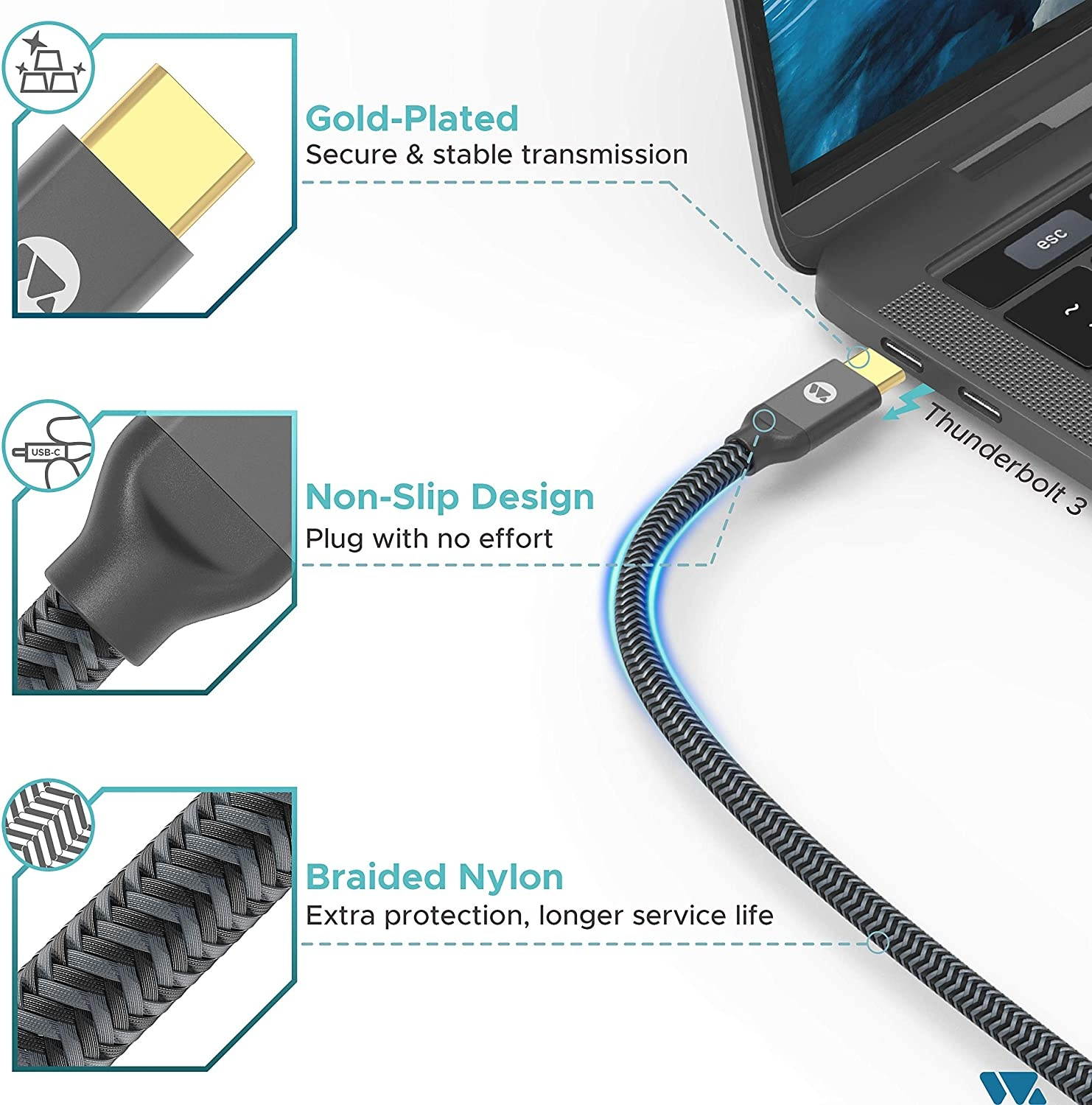 FVH Thunderbolt 2 Port Male to Male Video Data Cable for MacBook & SSD & Displays TB-004-WH