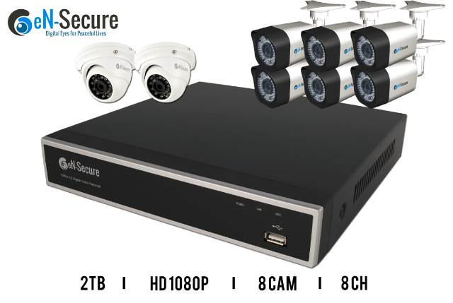 eN-Secure 8 Channel HD Security Surveillance System, 6 Bullet 2 Dome Night Vision Indoor/Outdoor 1080p Cameras, 2TB HDD, Smart Phone Compatible