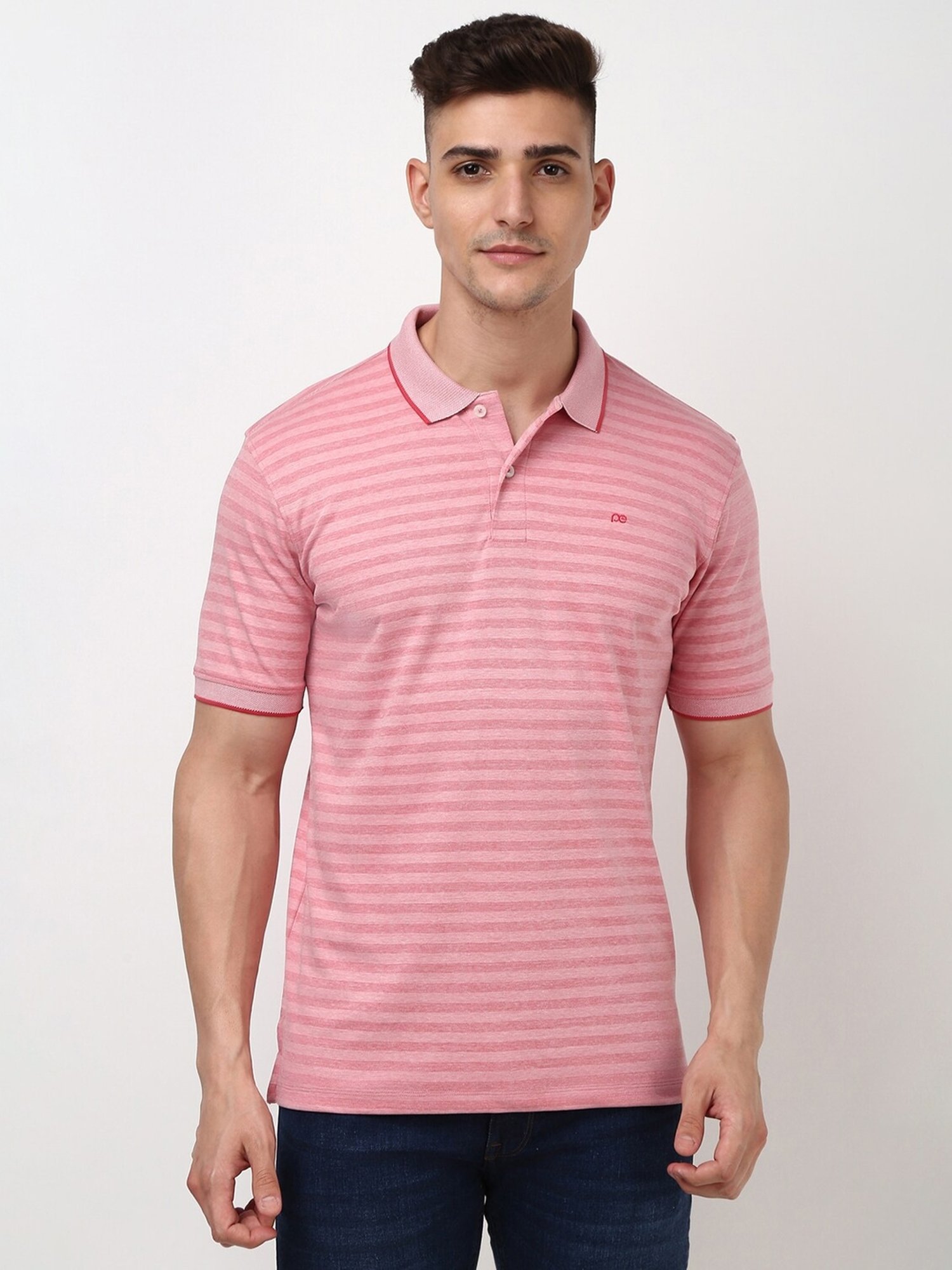 Peter England Pink Regular fit Stripes Casual Polo T-Shirt