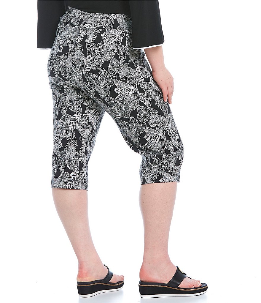 Allison Daley Plus Size Tropical Breeze Print Wide Waistband Pull-On Embellished Hem Detail Capri Pants