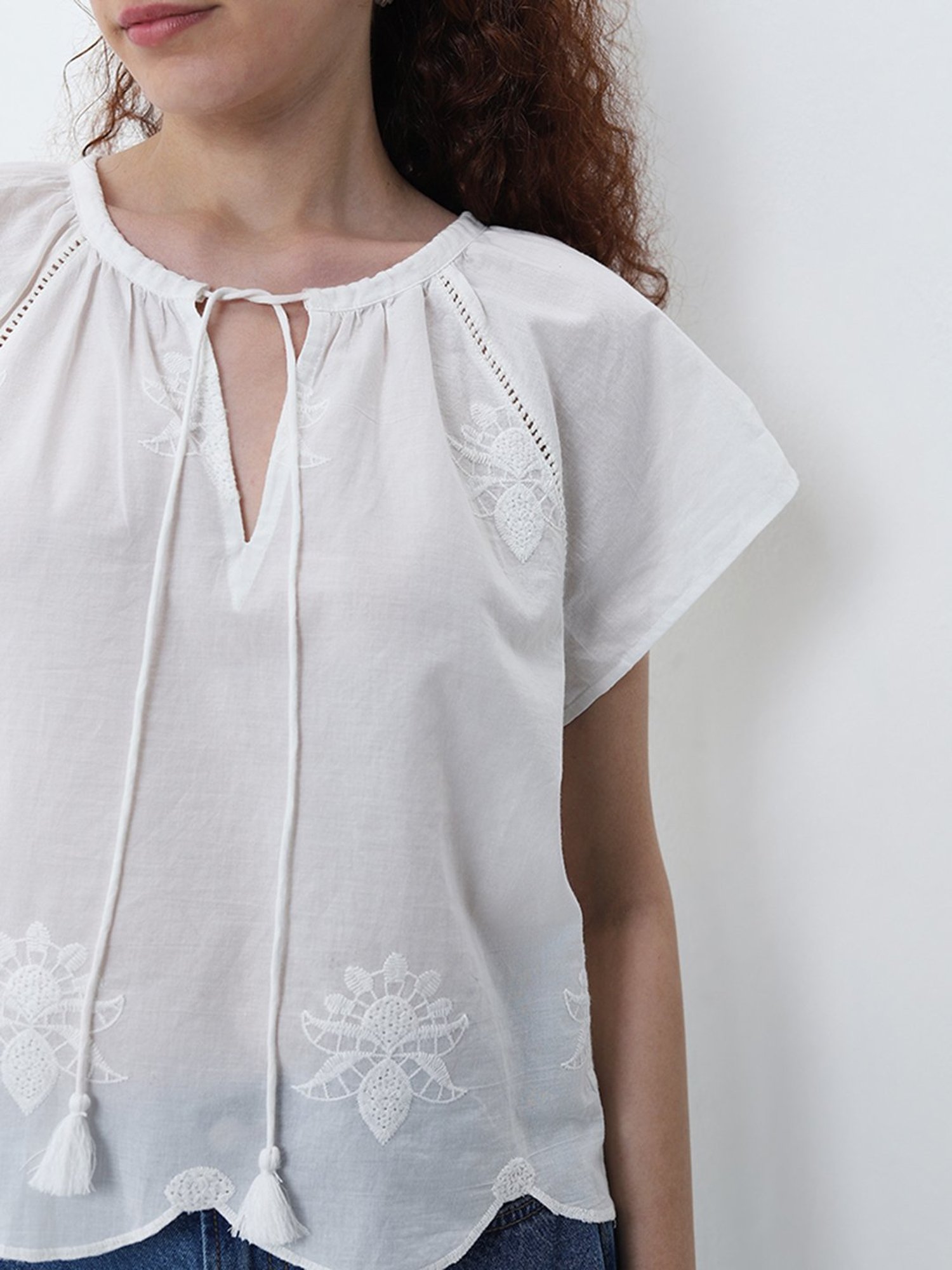 Bombay Paisley by Westside Ivory Floral Embroidered Cotton Top