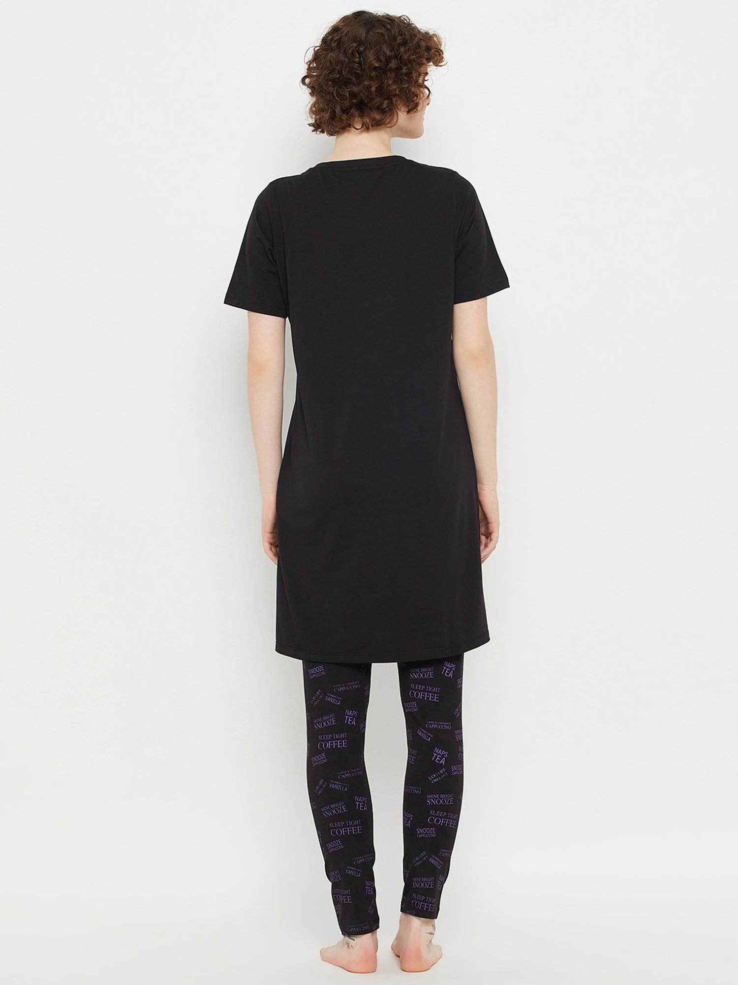 MADAME M Secret Black Graphic Print Long T-Shirt With Pyjamas