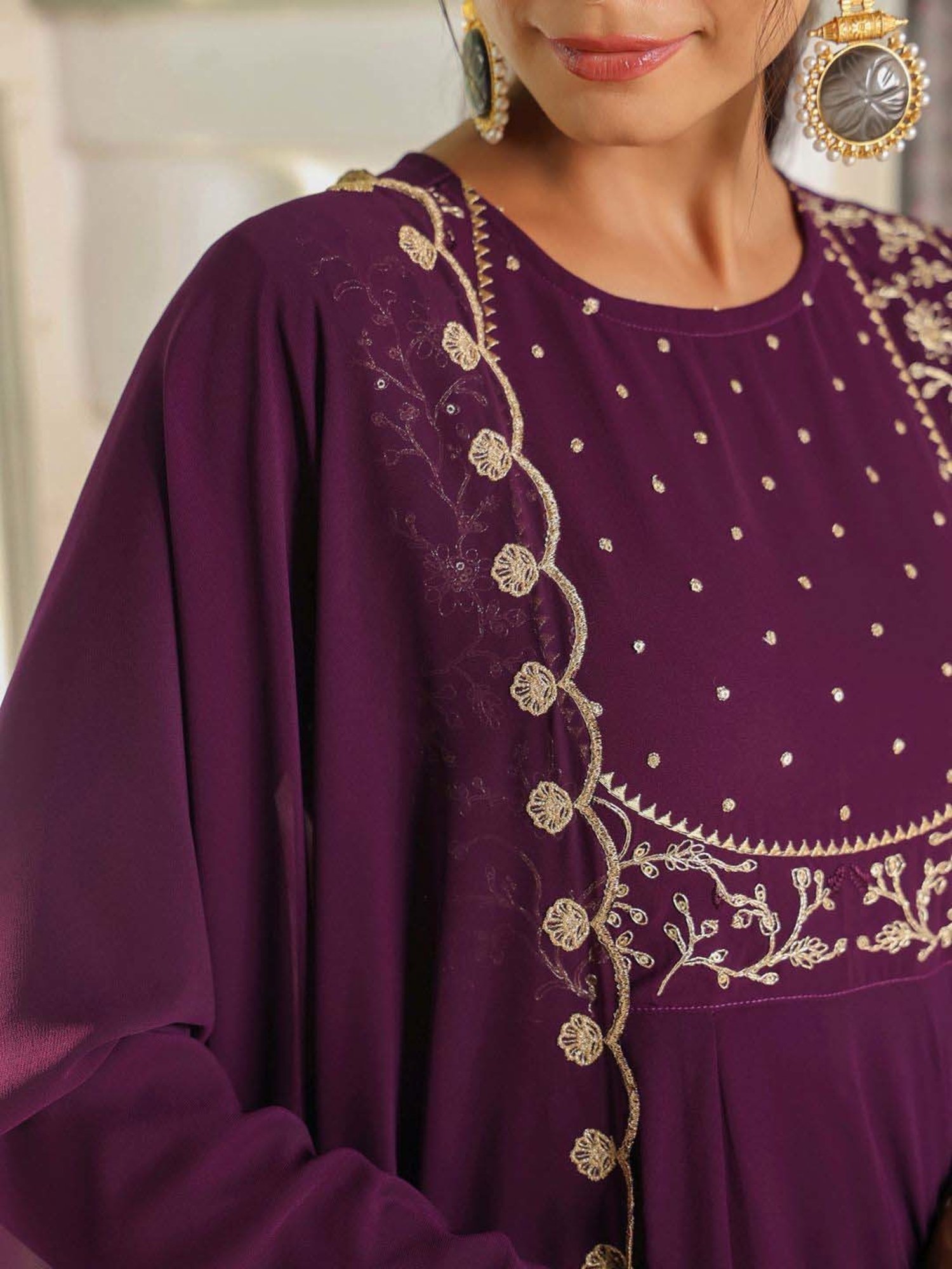 Janasya Purple Embroidered Kurta Palazzo Set With Dupatta