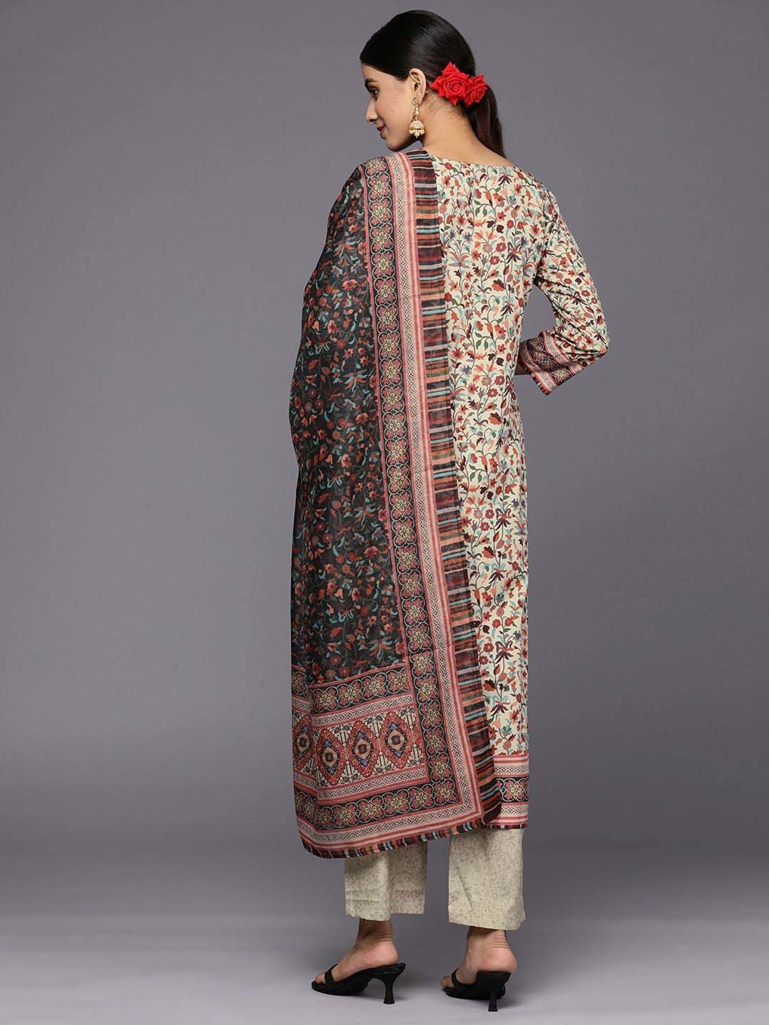 Libas Beige Woven Pattern Kurta Pant Set With Dupatta