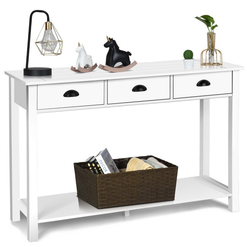 Costway 47'' Console Table Hall Table Side Desk Accent Table Drawers Shelf Entryway White