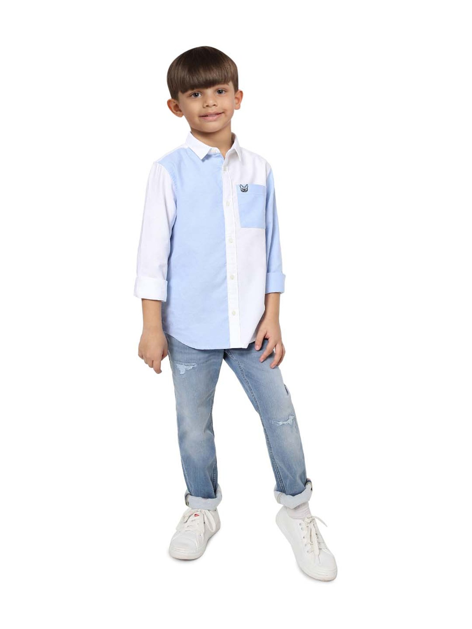 Jack & Jones Junior Boys White & Blue Cotton Color Block Print Shirt