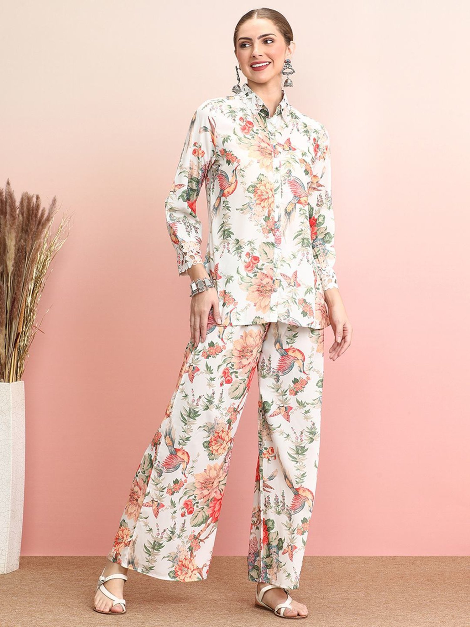 Indo Era White Floral Print Shirt Palazzo Set