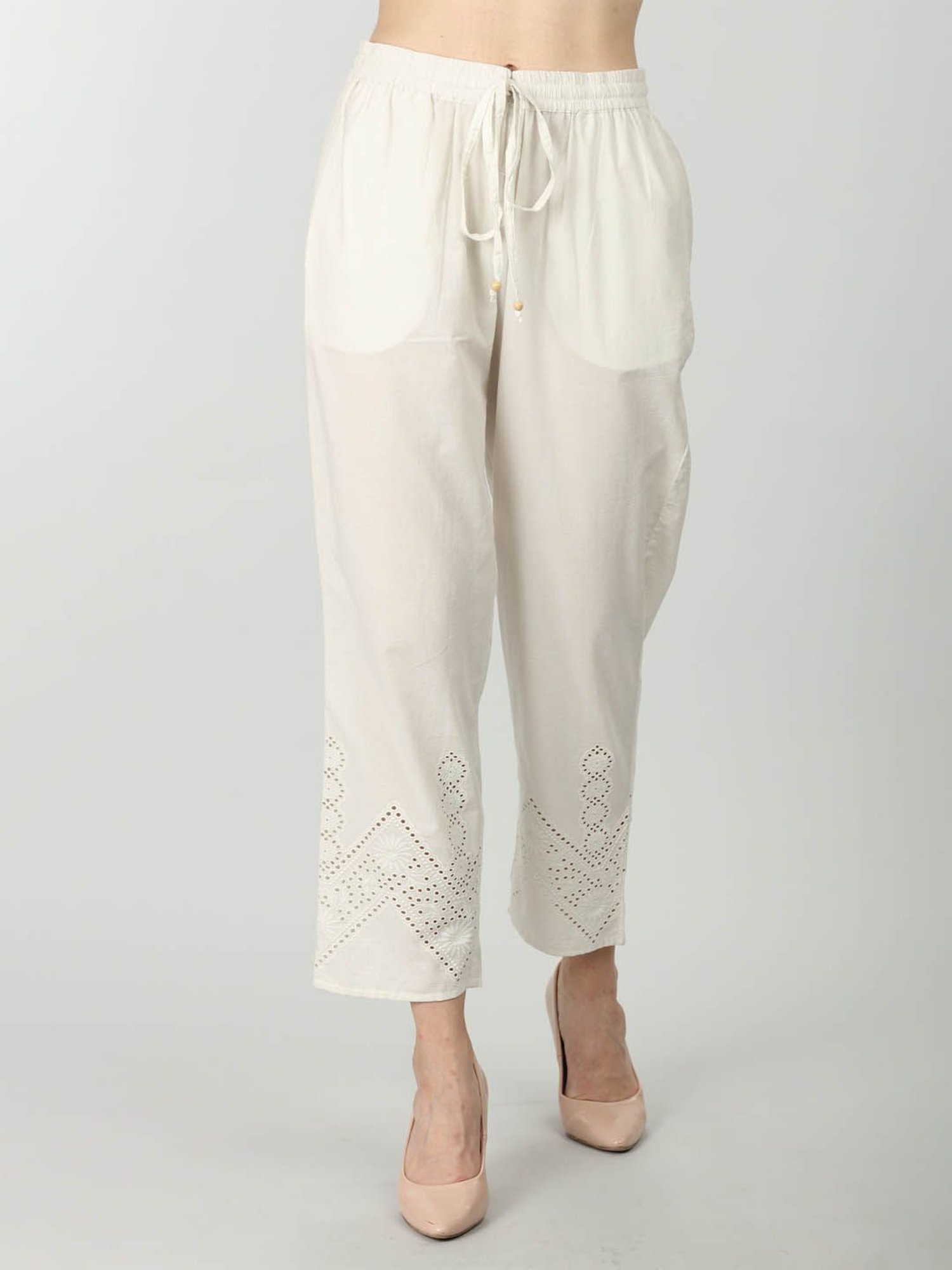 Mustard Off White Cotton Embroidered Pants