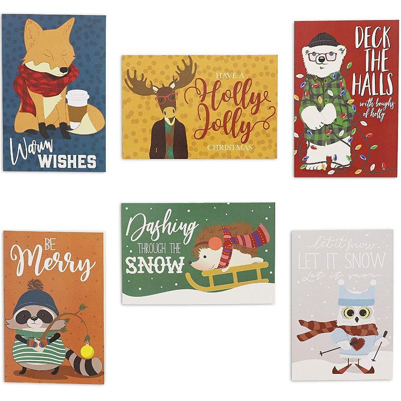 48 Pack (8 of Each) Cute Woodland Animal Christmas Cards with Envelopes, 4 x 6 inches, 6 Assorted Designs Merry Xmas Festive Themed Greeting Cards