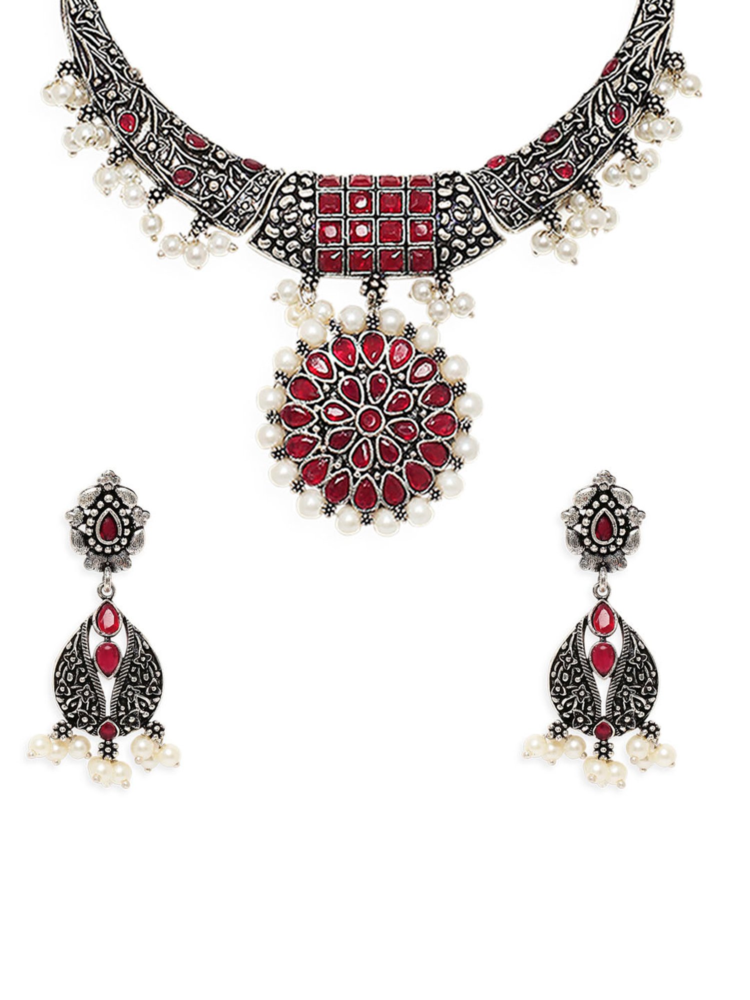OOMPH Oxidized Silver Look Alike Maroon Stone StoneChoker Necklace Set with Drop Earrings