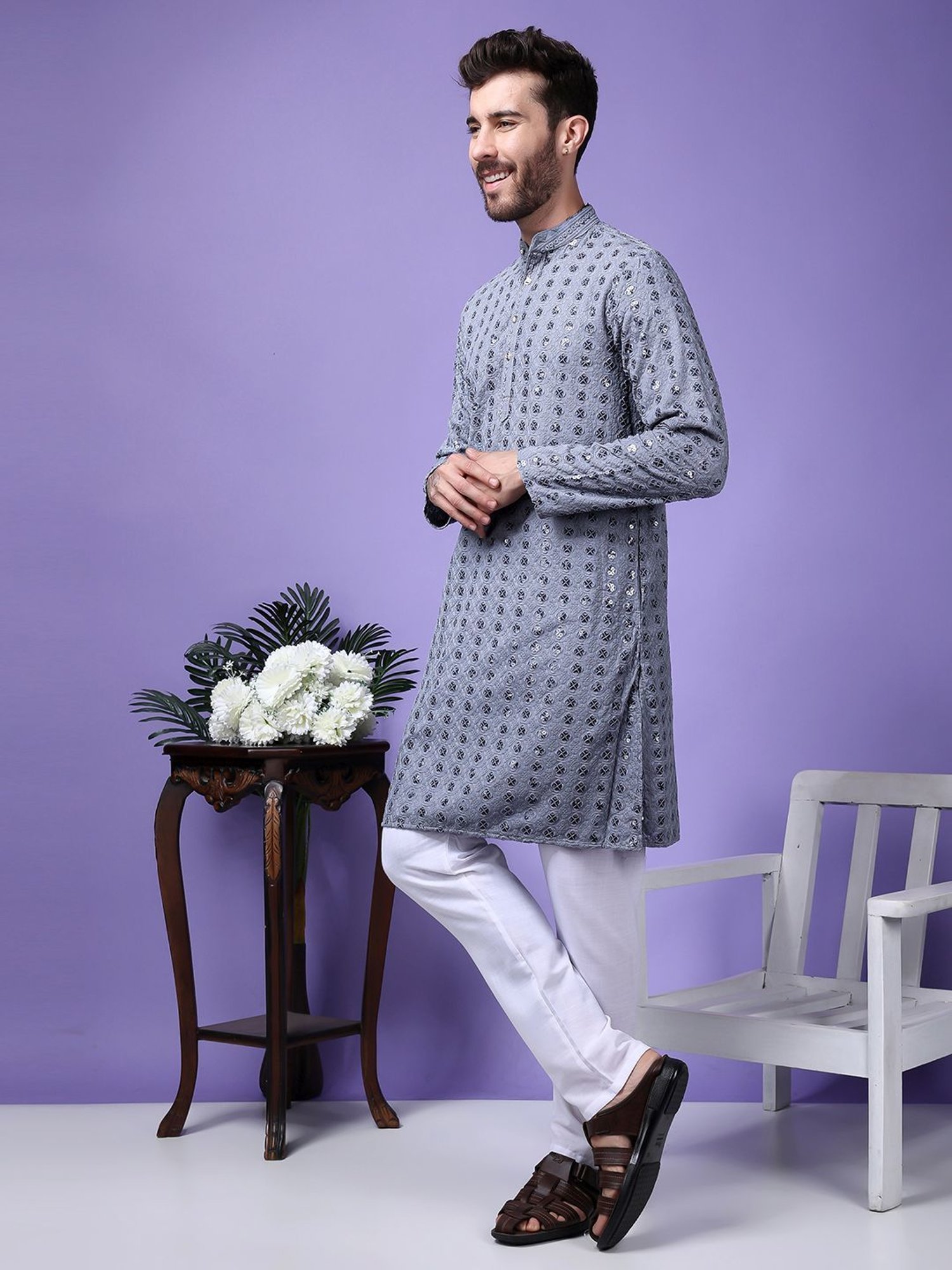 Hangup Grey & White Regular Fit Embellished Kurta Bottom Set