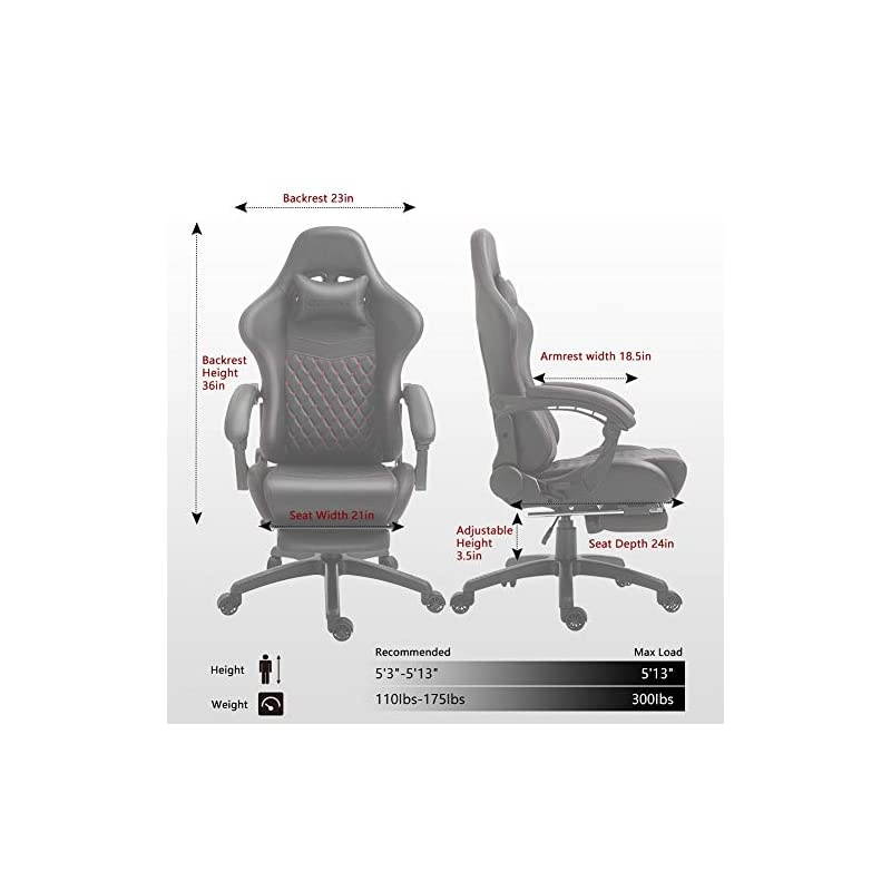 Gaming Chair Office Chair PC Chair with Massage Lumbar Support, Racing Style PU Leather High Back Adjustable Swivel Task Chair with Footrest (Black&Red)