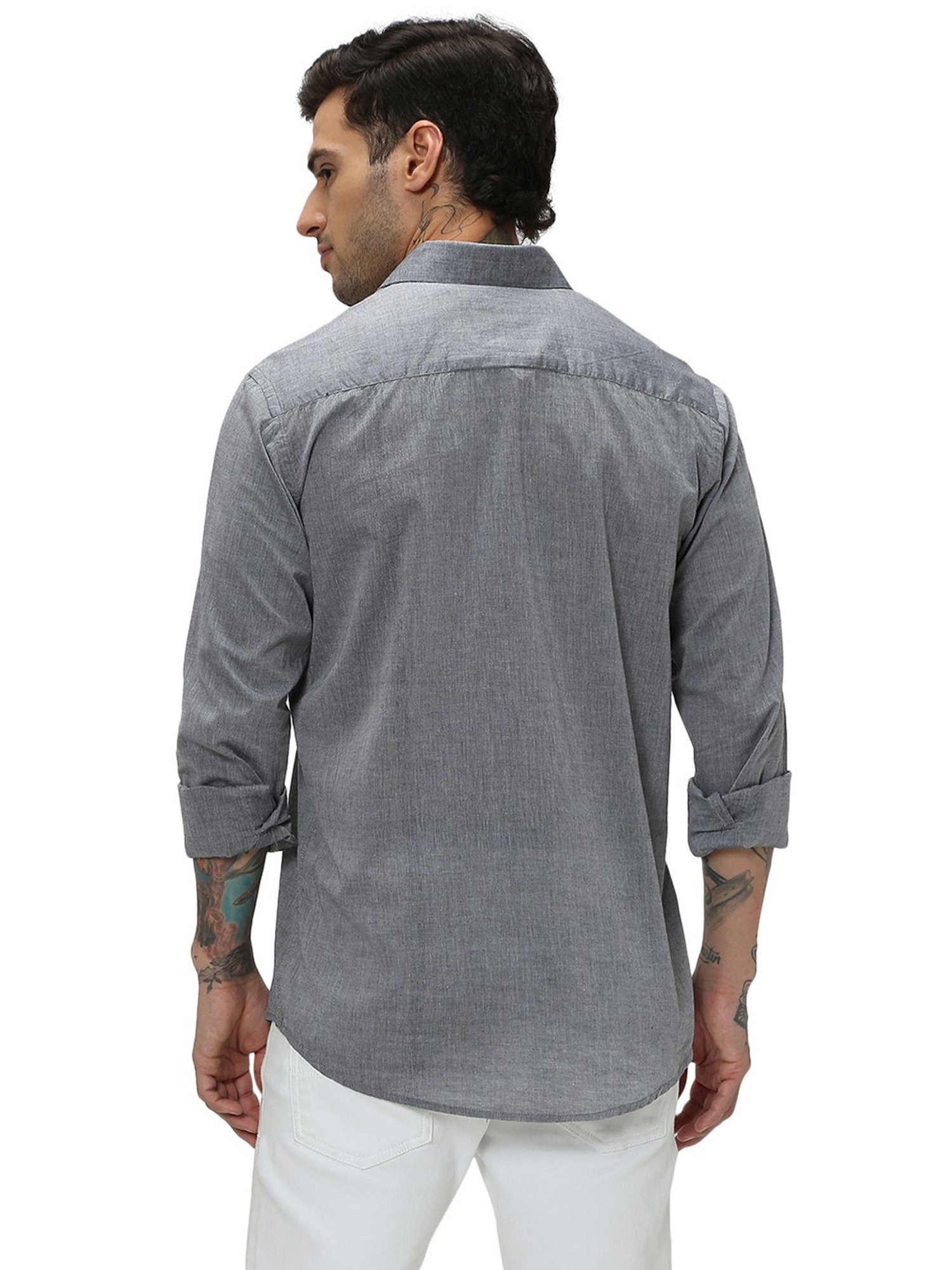 Mufti Grey Slim Fit Striped Cotton Shirt
