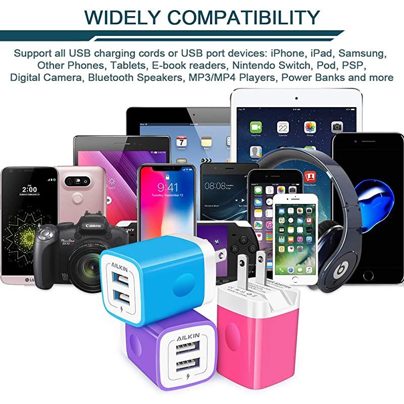 3Pack  Fold Wall Charger, USB Charging Plug, AC Adapter Cube Fast Charging Block Box for iPhone SE/11Pro Max/XS/XR/10/8/7/6S/6S Plus, Samsung Galaxy Edge, LG, HTC, One Plus, Moto, Kindle