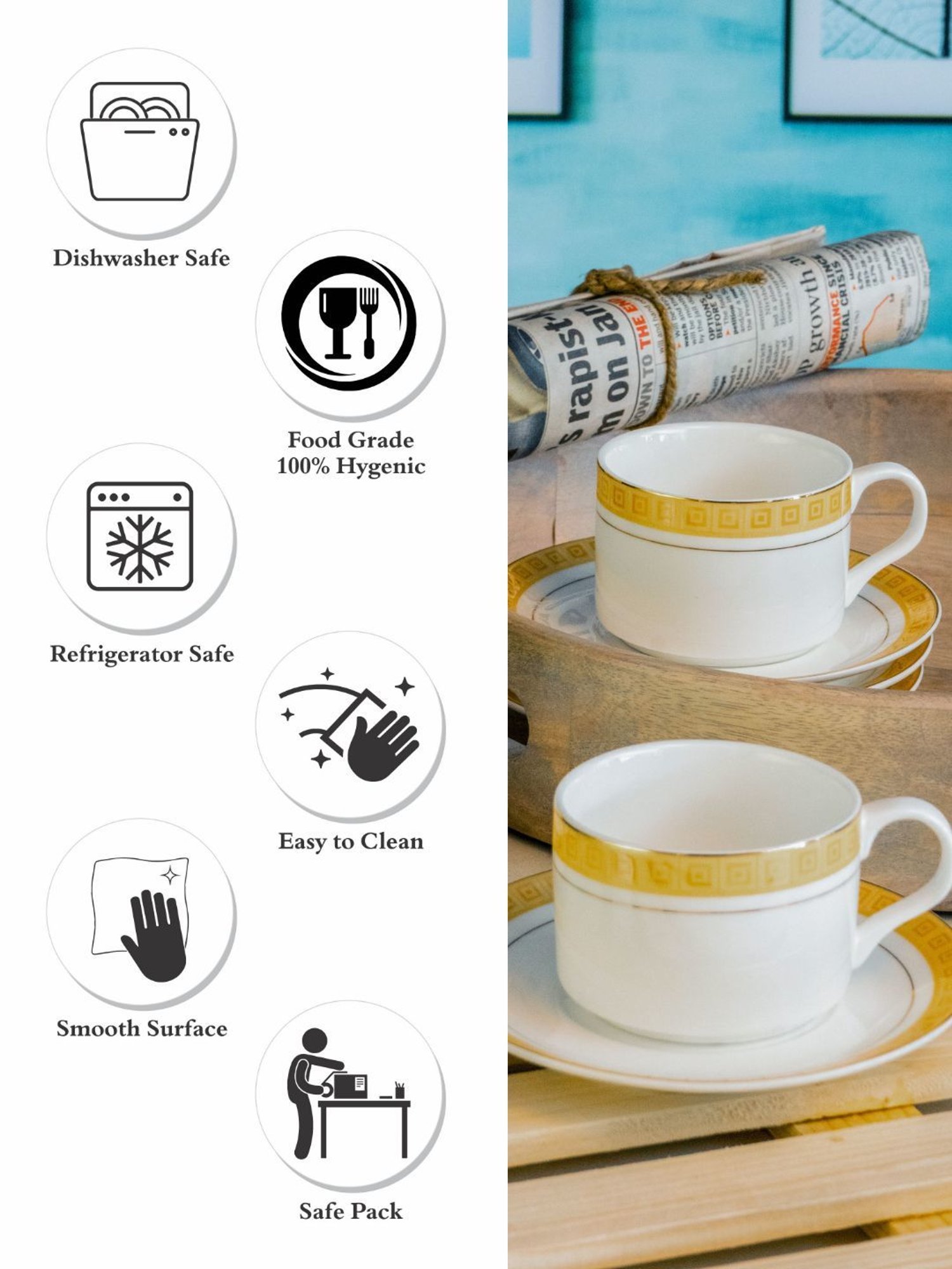 White Gold Printed White Porcelain Tea Cup & Saucer - Set of 6 (120ml)