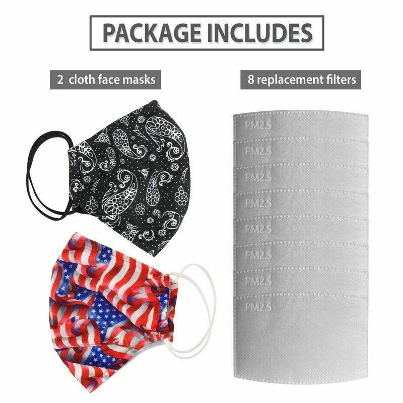 2 PCS Cotton Face Mask Reusable Washable with 8pcs PM2.5 Filter Insert Pad