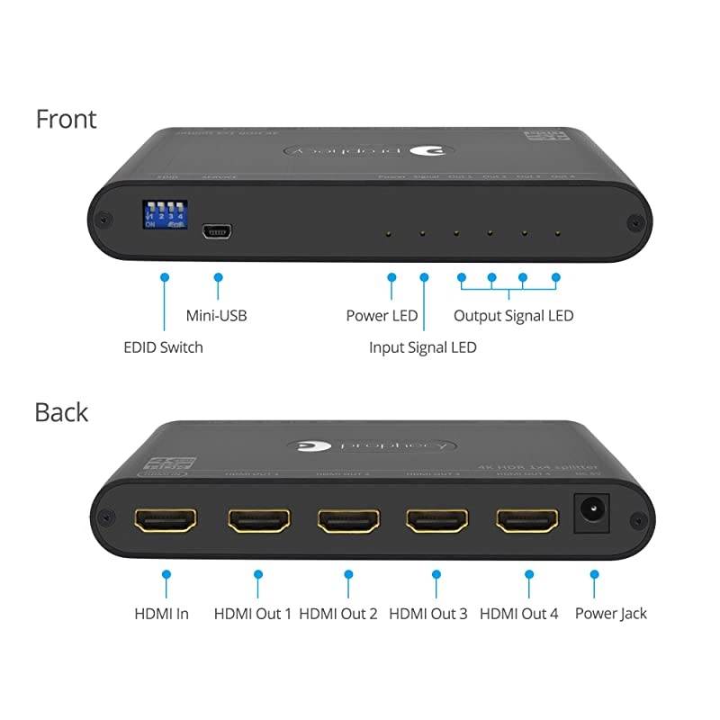 Prophecy Intelligent 1x4 HDMI Splitter 4K 60Hz HDR &ndash; 4K @60Hz 4:4:4, 18Gbps - Auto Scaling, HDMI 2.0a, HDCP 2.2, 3D, EDID, Cascadable, Firmware Upgradable - 4 Port, 1 In 4 Out (PRO-HDRSplit4P)