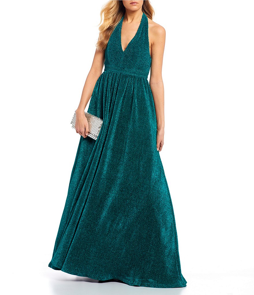 Dear Moon Pleated Metallic Knit Bow-Back Ball Gown