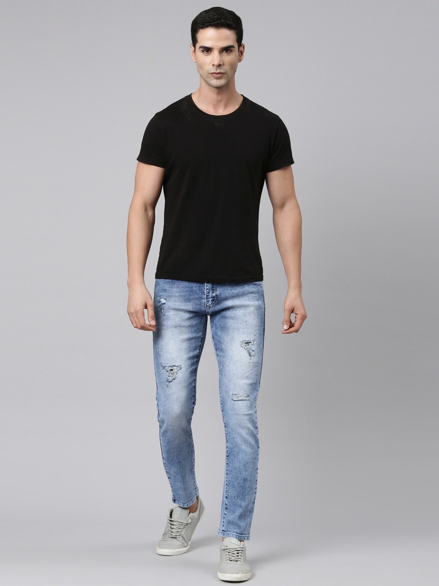 CINOCCI Light Blue Cotton Slim Fit Distressed Jeans