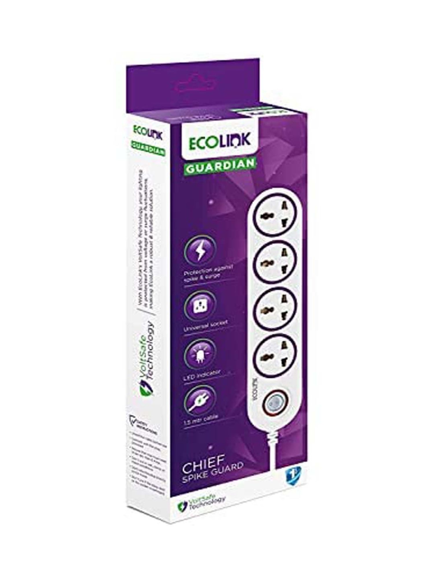 Ecolink 4 Way Extension Board/Cord with Multi Socket Spike Guard 6A (White)