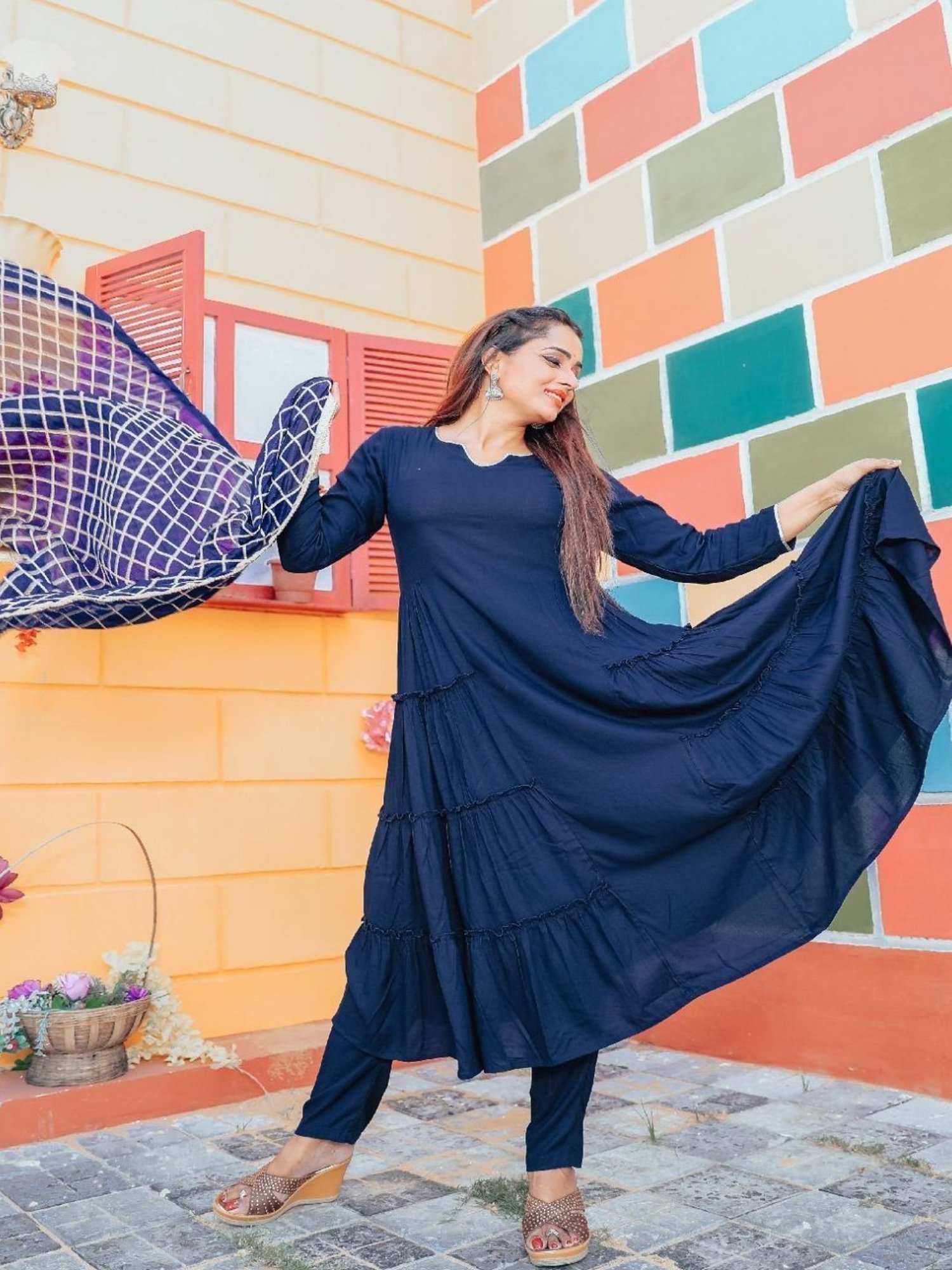 Thread and Button ?egyptian Blue Kurta and Bottom with Gotta Jaal Dupatta