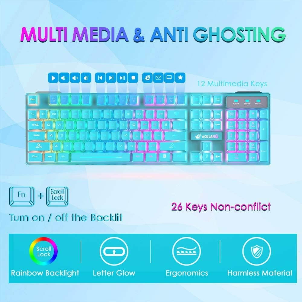 Wireless Gaming Keyboard and Mouse Combo Ranibow LED Backlit Rechargeable 4000mAh Battery Mechanical Feeling Waterproof Dustproof 7 Color Backlit Mute Mice for Computer Mac Gamer (Blue & Ranibow)