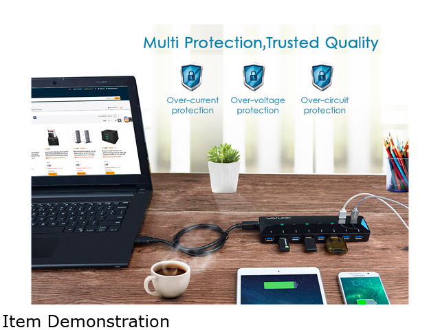 Wavlink 10-Port USB 3.0 Hub with 2x1.5A Fast USB Charging Port, 48W Power Adapter, Peripheral Sharing Switch, LED indicators, USB3.0 Splitter Up to 5Gbps for Android, Apple iOS, Windows Mobile Devices