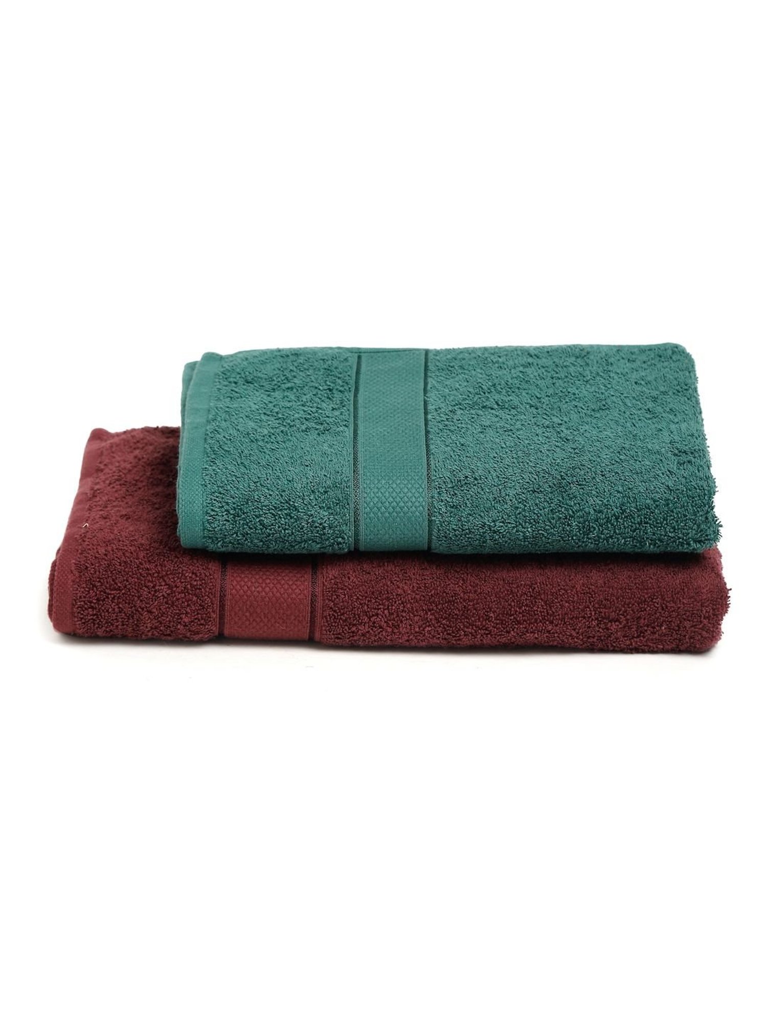 Creeva Wine & Dark Green 525 GSM Cotton Bath Towel Set of 2