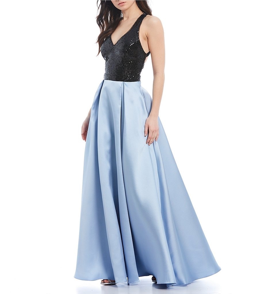 Teeze Me Sequin Bodice Color-Block Ball Gown