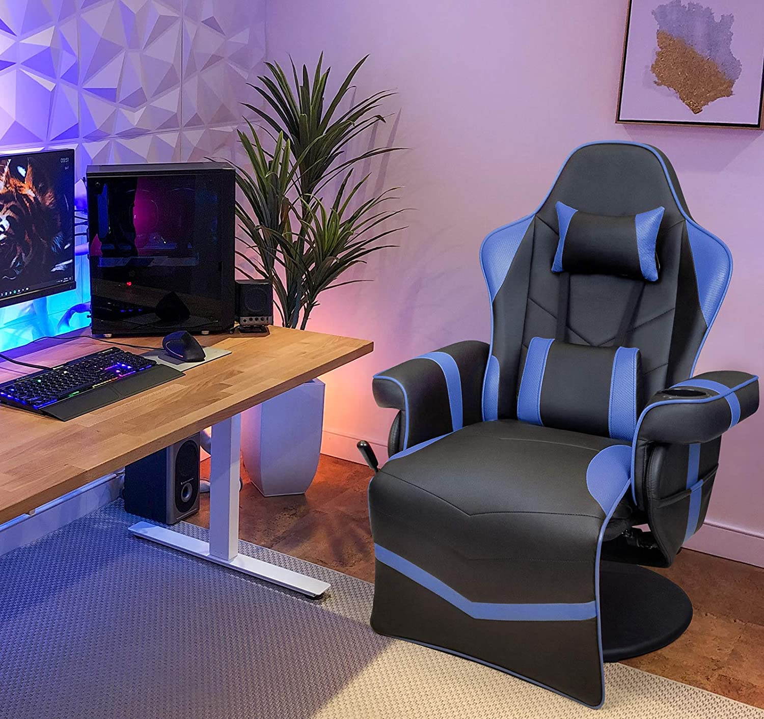 Homall Computer Racing Style PU Leather Ergonomic Adjusted Reclining Video Gaming Single Sofa Chair with Footrest Headrest and Lumbar Support (White)