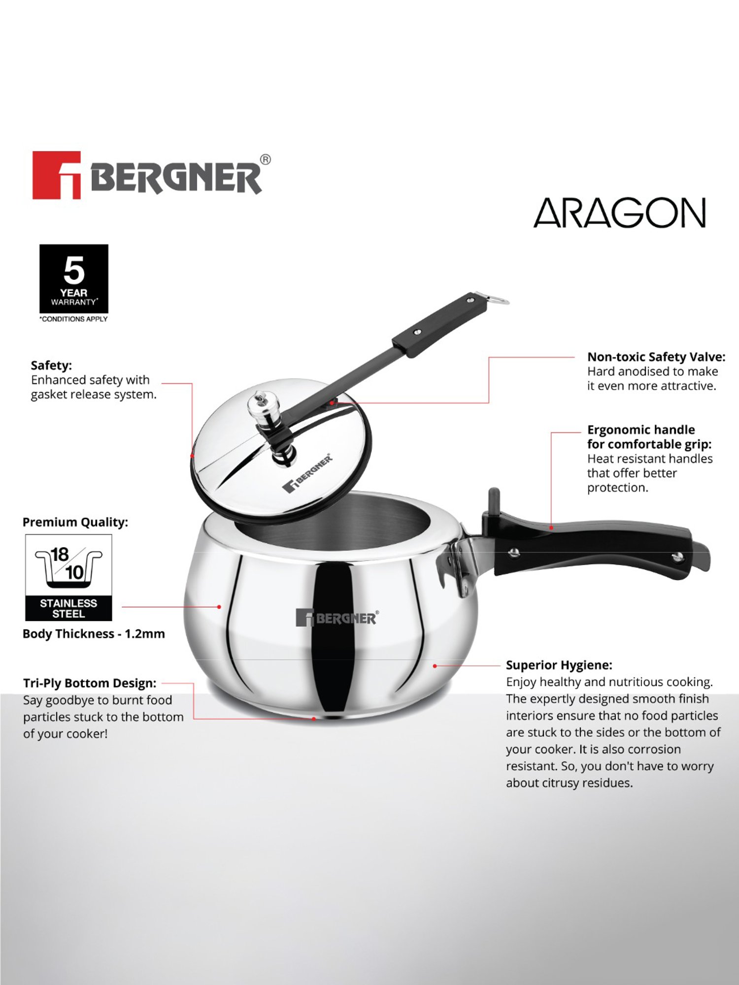 Bergner Silver Stainless Steel Induction Base Pressure Cooker with Inner Lid (3 L)