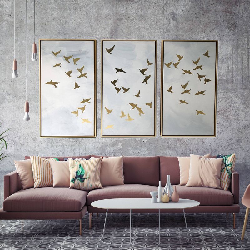 48" x 30" Golden Birds Triptych Floating Framed Wall Canvas Blue - Gallery 57