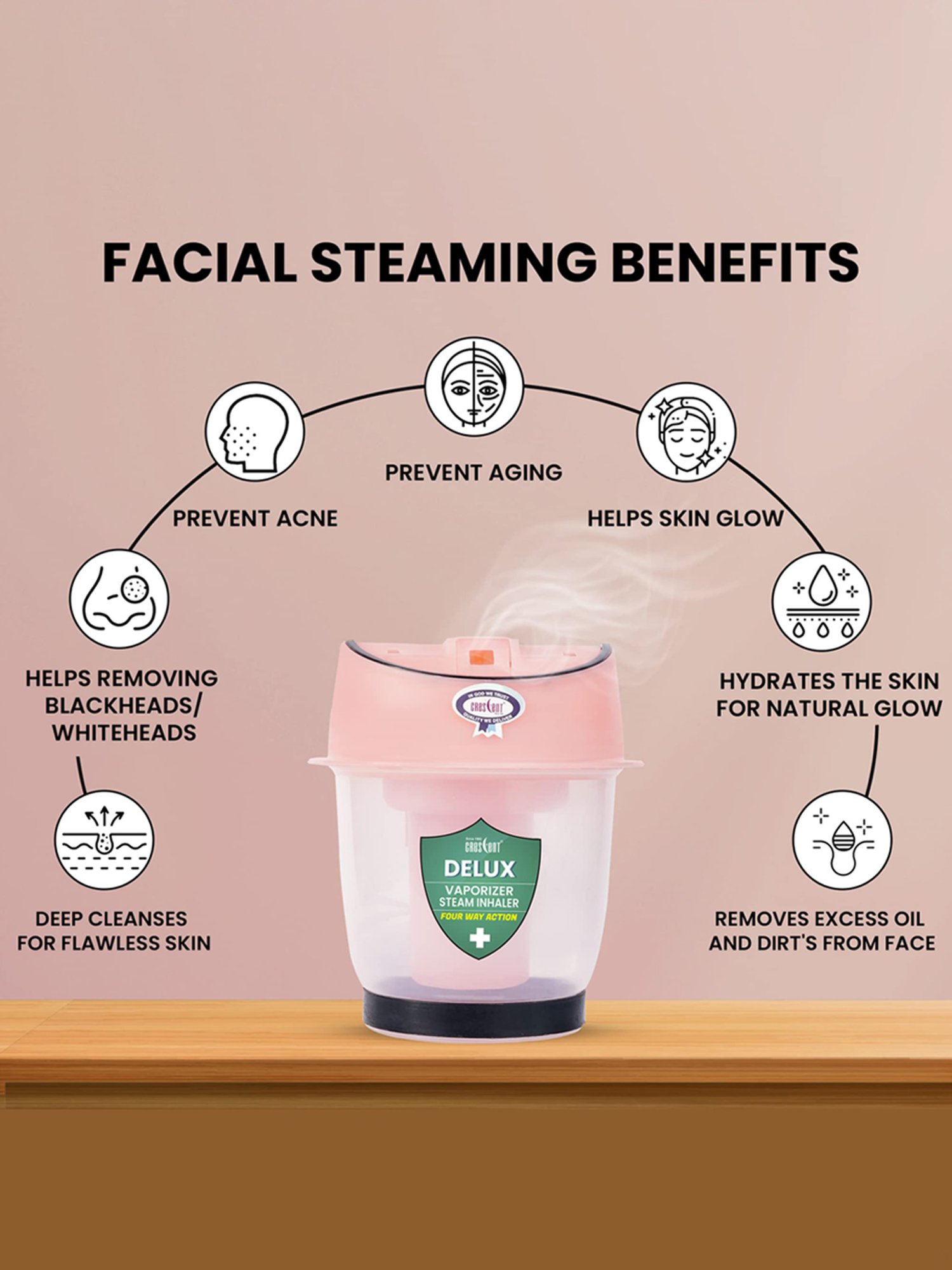 Crescent Delux Facial Steamer Vaporizer for Cold & Cough, Separate Water Storage Container (Pink)