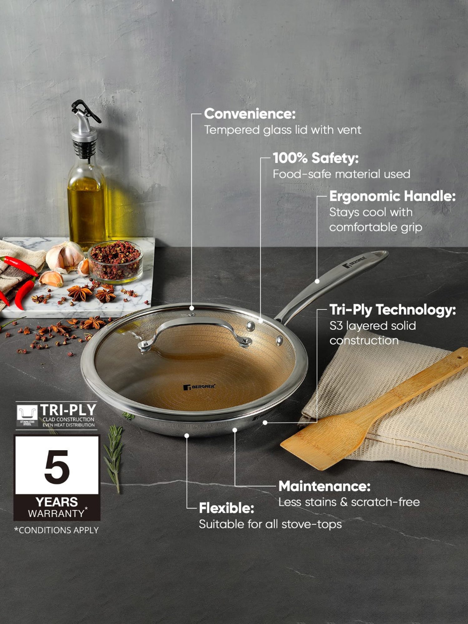 Bergner Giro Gold Gold Non Stick Stainless Steel Induction Base Frypan - 24 cm