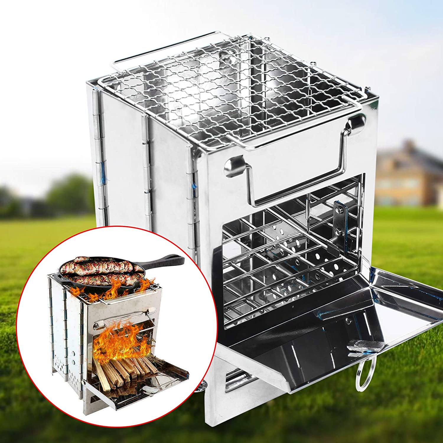 LOYALHEARTDY Stainless Steel Square Silver Foldable Barbecue Grill Outdoor Camping Picnic Puts Firewood Stove