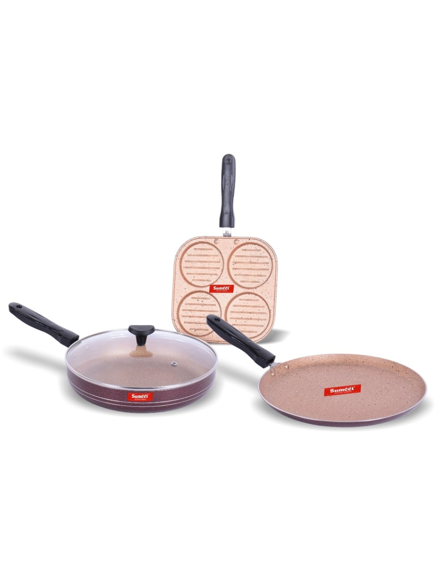 Sumeet Nonstick Granite 3pc Cookware Set (Mini Multi Snack Maker,Dosa Tawa,Fry Pan With Glass Lid)
